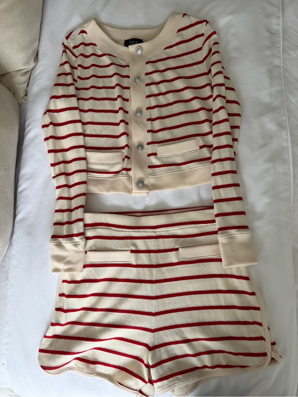 VICI Cream Knit High Waist Shorts with Red Stripes